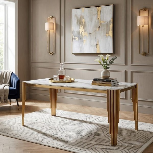 Mirren Luxury Marble Dining Table featuring a polished marble surface and gold metallic legs in an elegant interior setting.