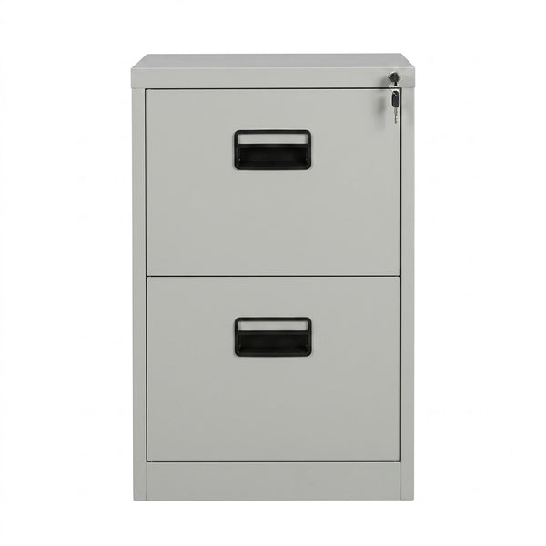 2-Drawer Compact Steel Filing Cabinet in a sleek gray finish, ideal for office organization in limited spaces.
