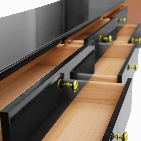 Living Room Modern Entertainment Unit TV Stand with sleek black finish and open drawers showcasing storage space.
