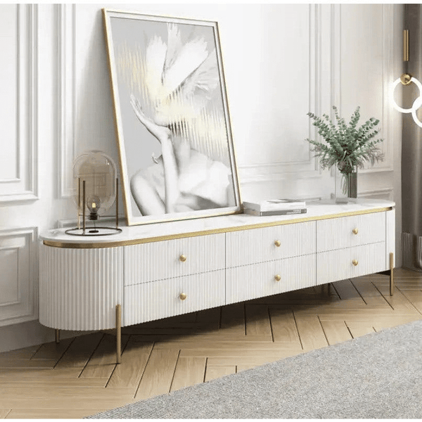 Modern Media Cabinet featuring elegant design with gold accents and stylish decor in contemporary living space.