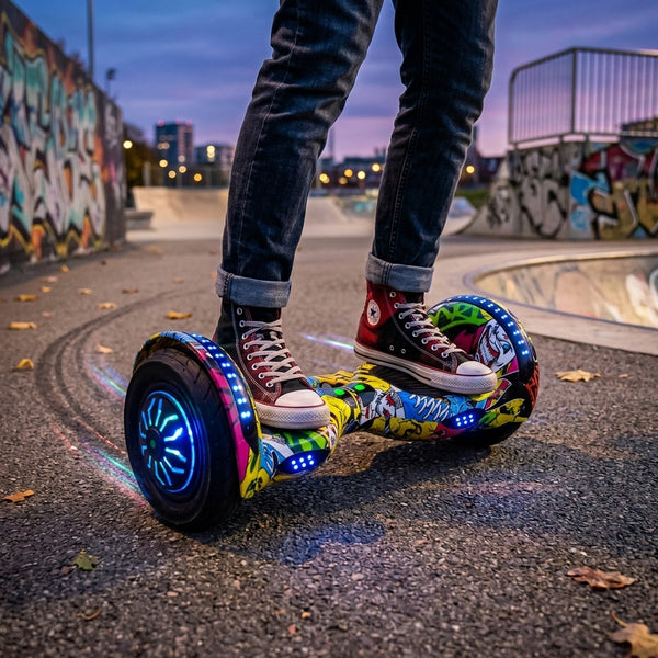 Person riding an Electric Self-Balancing Hoverboard with colorful design and LED lights on a graffiti-covered street.