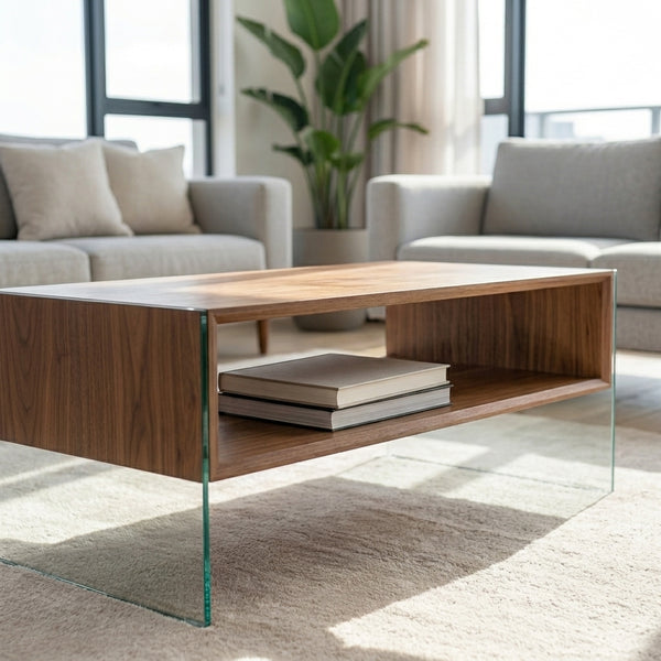 Melamine Particle Board Storage Furniture Unit with a modern design, featuring a glass shelf for books in a stylish living room setting.