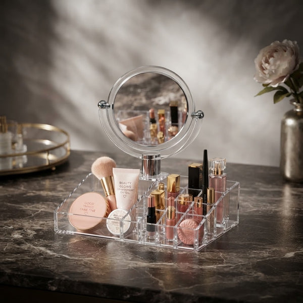 Acrylic Vanity Mirror Makeup Organizer with makeup products displayed on a marble countertop.