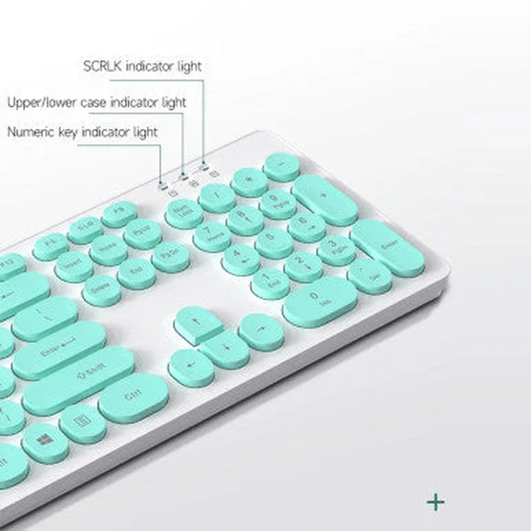 Close-up of the 2.4 G Wireless Keyboard & Mouse Set showing indicator lights and round keys in a retro design.