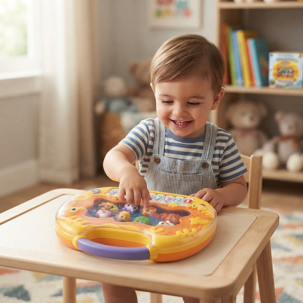 Child enjoying the Animal Piano Kids Cartoon Musical Keyboard with vibrant animal characters, sitting at a table.
