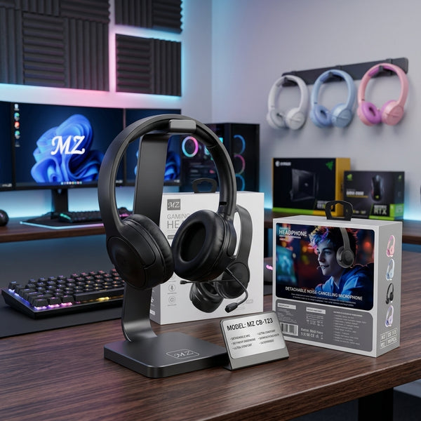 Wireless Noise Cancelling Over-Ear Headphones displayed on a stand with packaging in a modern gaming setup.