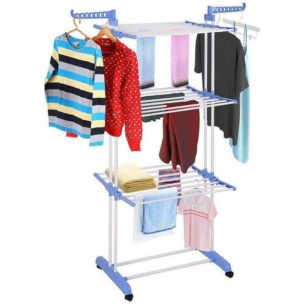 Foldable 3-Tier Clothes Rack Outdoor Indoor Airer with various garments hanging for air drying.