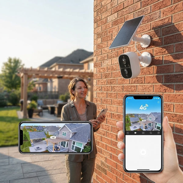 4G Solar-Powered Outdoor Security Camera mounted on a wall with a user viewing footage on a smartphone.