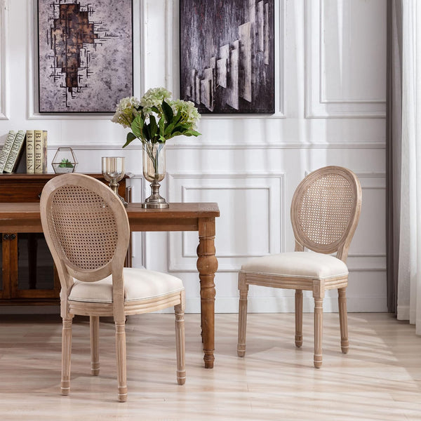 Vintage French Dining Chair with Rattan Back in a stylish dining room setting.