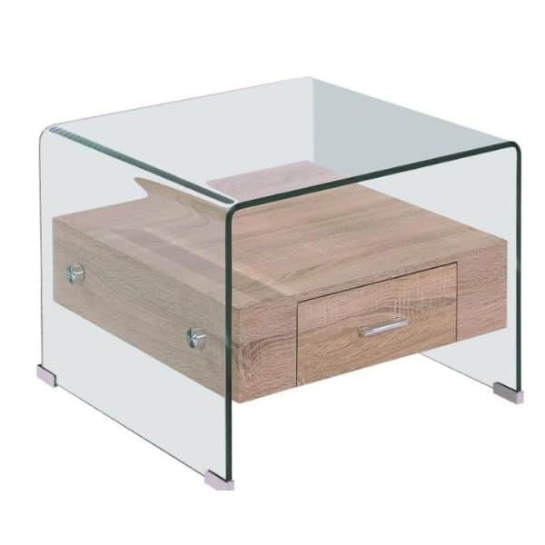 Vidal Side Table with glass top and oak-finished drawer, ideal for modern decor and compact storage.