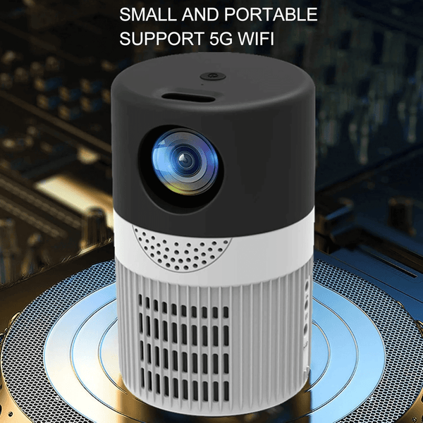 Mini Home & Outdoor Movie Projector showcasing a compact design, small and portable with 5G WiFi support.
