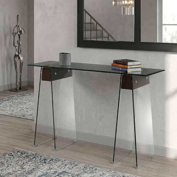 Luxury Glass Console Table with A-Shape Base showcasing modern design and elegance in a stylish interior setting.