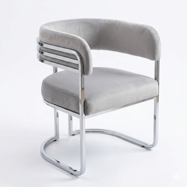 Luxury Tiffany Event and Dining Chair featuring a modern design with chrome accents and plush gray upholstery.