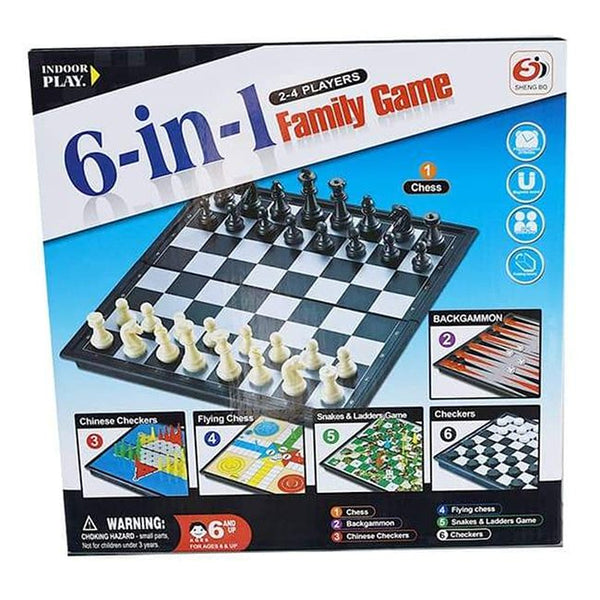 6 in 1 Family Board Game packaging with various games including chess, checkers, and backgammon.