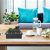 Solar Raindrop Tabletop Water Fountain placed on a wooden coffee table in a bright living room setting.