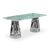 Seraphina Marble Dining Table with aqua-toned marble top and polished stainless steel pedestal base.