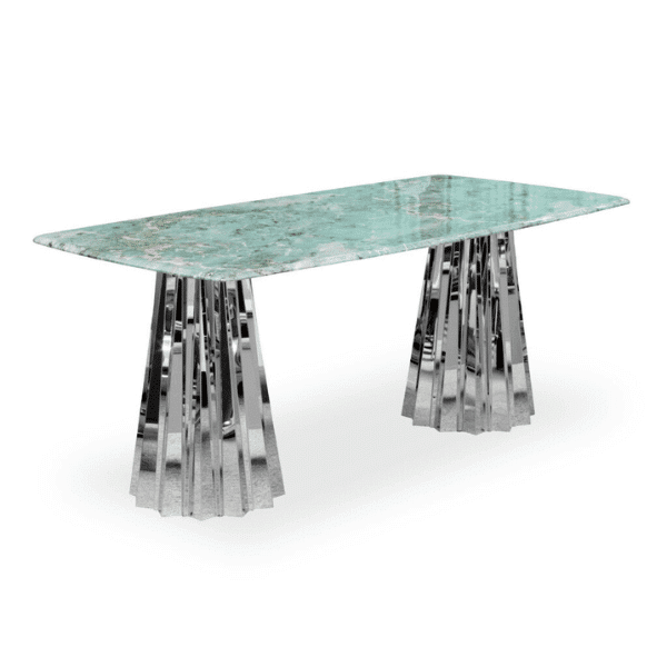 Seraphina Marble Dining Table with aqua-toned marble top and polished stainless steel pedestal base.