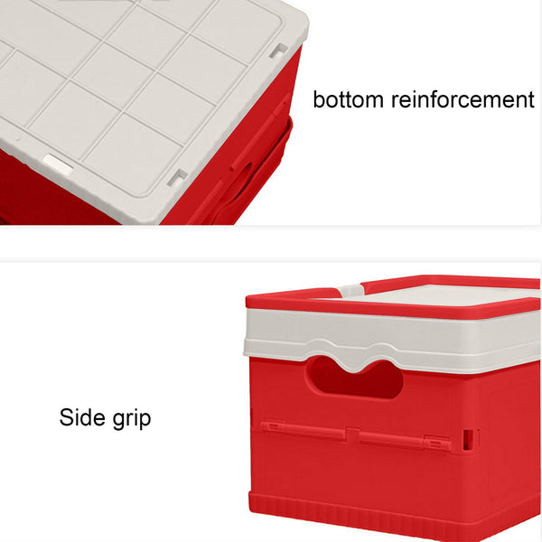 Foldable Plastic Camping Storage Box with bottom reinforcement and side grip features for enhanced usability.