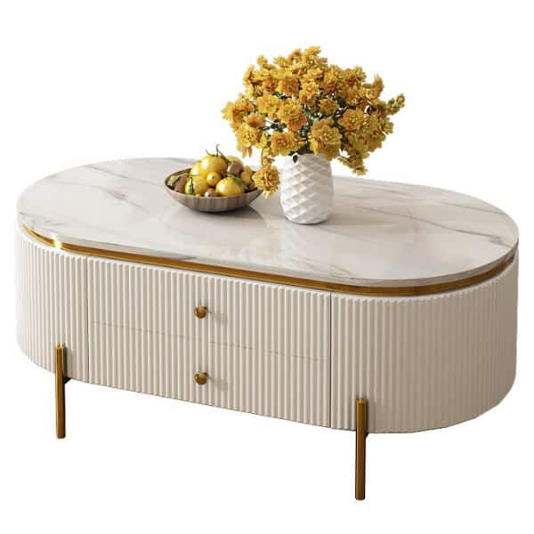 Storage Coffee Table with white and gold finish, featuring elegant design and hidden storage.