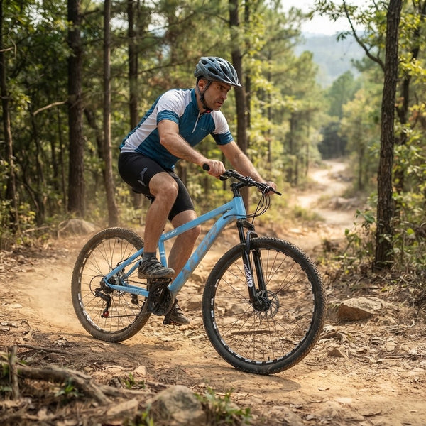 Mountain Bike with Suspension Fork & Triple Chainset being ridden on a forest trail with rugged terrain.