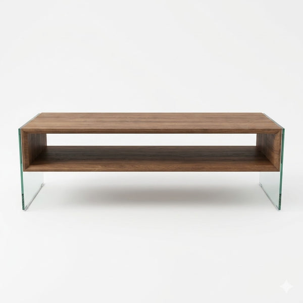 Melamine Particle Board Storage Furniture Unit with a modern design featuring a wood and glass construction.