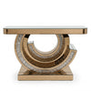 Mirror Console Storage Table Set featuring a modern design with reflective surfaces and decorative circular patterns.