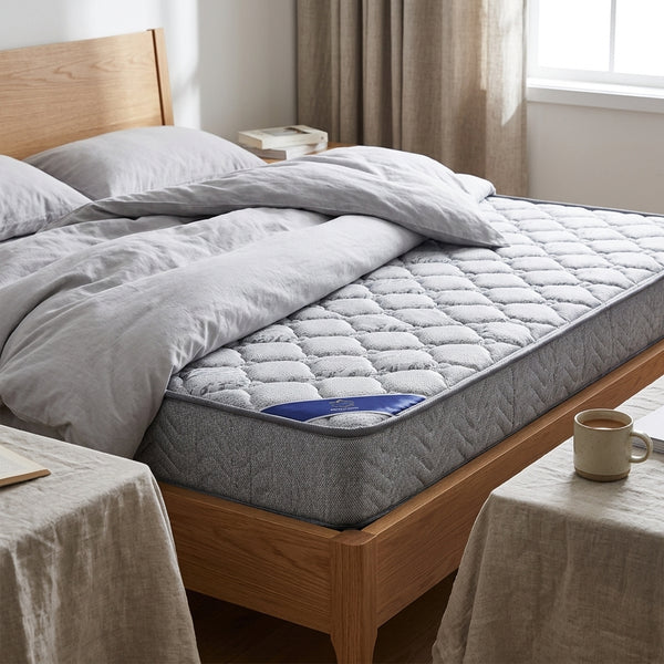1.8M Double Comfort Mattress 1.5M Double Comfort Mattress on a wooden bed with gray bedding in a cozy bedroom setting.