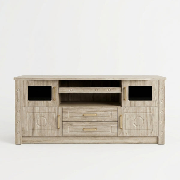 Sleek Living Room Entertainment TV Stand Console featuring open shelving and closed storage in a modern design.