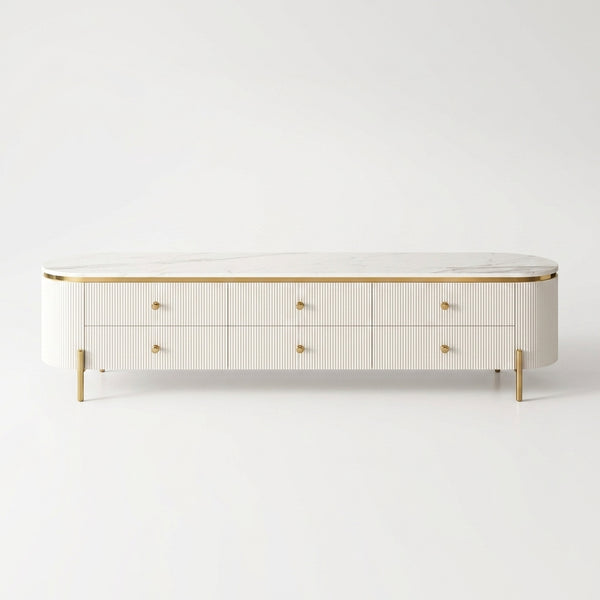 Modern Fluted White TV Stand with Faux Marble Top featuring elegant textured details and gold accents.