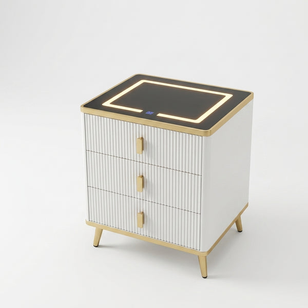Smart Wireless Charging Bedside Table with Speakers featuring sleek design and illuminated charging surface.