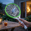 Hand holding the Palm Mesh Core Electric Mosquito Swatter outdoors, showcasing its unique design with lightning effect.