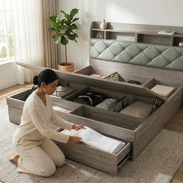 Woman organizing bedding in Solid Wood Storage Bed Frame with modern design and built-in under-bed storage.