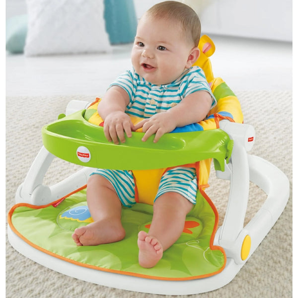 Portable Baby Floor Seat with Sensory Toys in use by a smiling baby sitting comfortably on the floor.