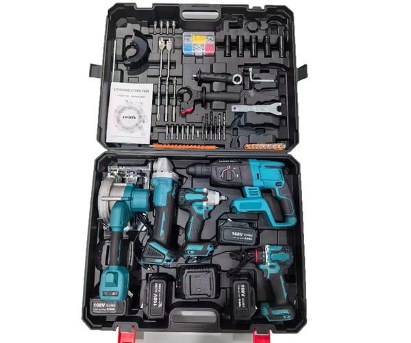 6-piece power tools set cordless brushless drills in a tool case with various drill bits and accessories.