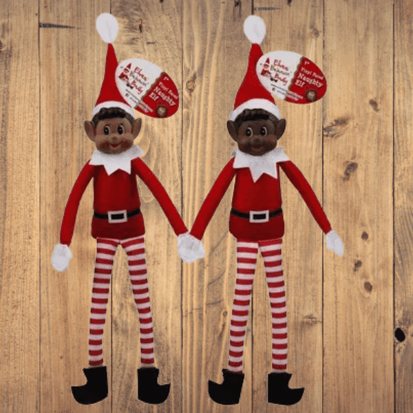 Mischievous Christmas Elf 30 cm – Festive Holiday Decoration featuring two playful elves with striped legs.