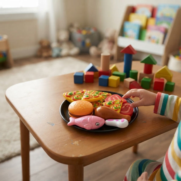 Child playing with Colorful Plastic Pretend Food Play Set featuring pizza and burger on a black plate.