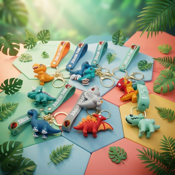 Colorful 3D Cartoon Dinosaur Keychain collection displayed on vibrant hexagonal background with tropical leaves.
