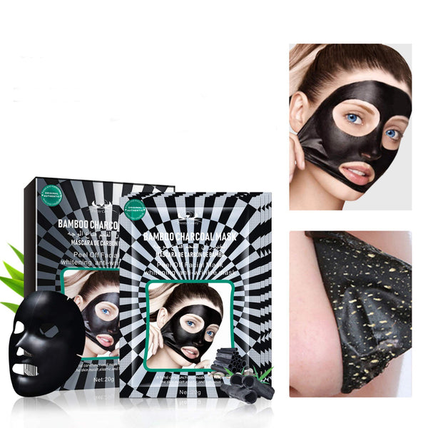 Bamboo Charcoal Tearing Black Mask packaging and application showing effects on skin, promoting deep cleansing and rejuvenation.