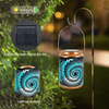 Outdoor Solar Garden Lantern hanging in a garden, showcasing solar power functionality and vibrant lighting.
