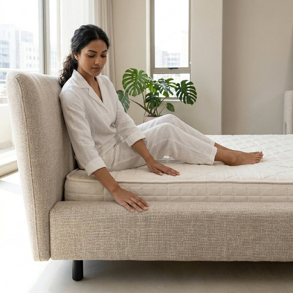 Modern Hotel Upholstered Platform Bed Frame with a woman in cozy pajamas sitting on the edge of the bed.