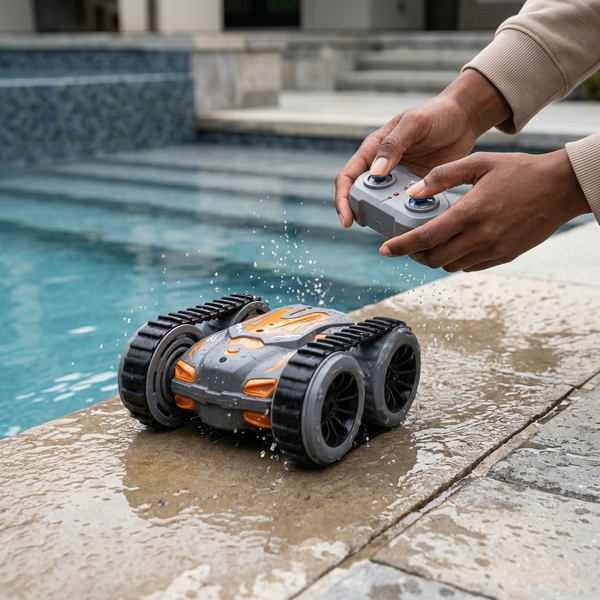 Amphibious Rollover RC Stunt Car navigating water with remote control in outdoor setting.