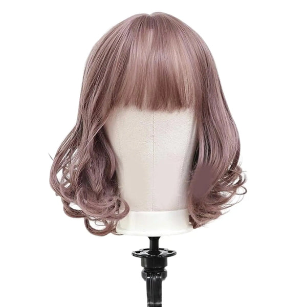 Wood Mannequin Head Wig Display Stand showcasing a stylish wavy wig in light purple color.