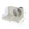 Foldable Electric Vegetable & Meat Slicer showcasing its blade and sliding surface for easy food preparation.