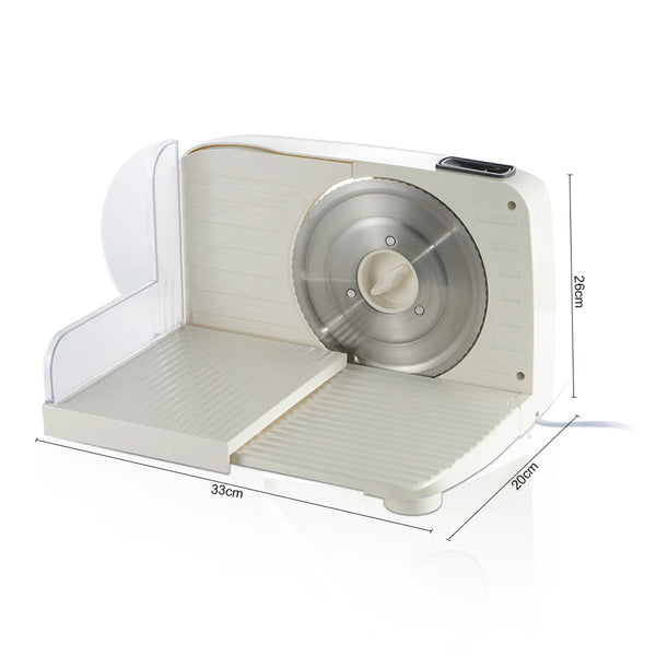 Foldable Electric Vegetable & Meat Slicer showcasing its blade and sliding surface for easy food preparation.
