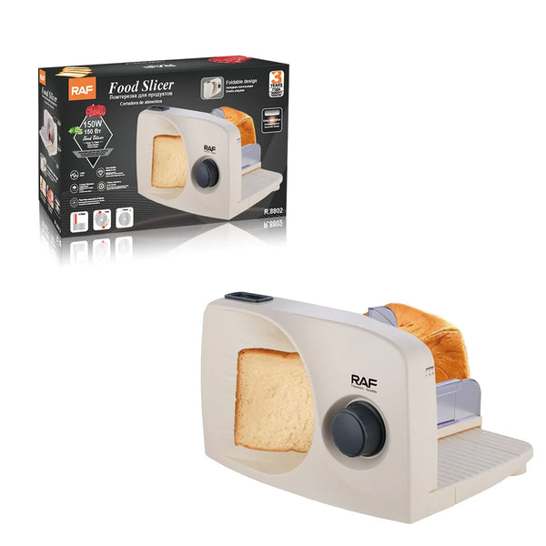 Foldable Electric Vegetable & Meat Slicer showcasing a practical design for even slicing of bread, vegetables, and meat.