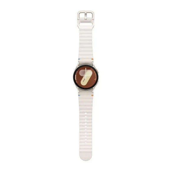 Beige Smartwatch with Android OS featuring a round display and a white strap.