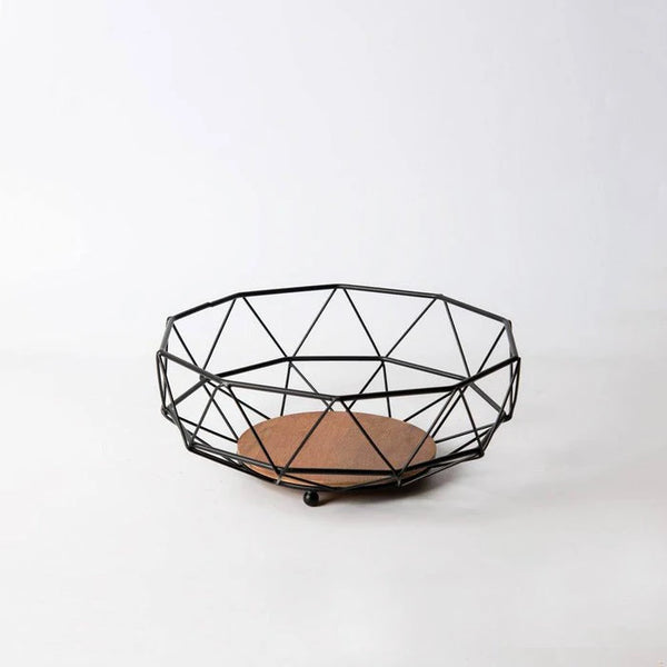 Geometric Iron Fruit Storage Basket with black metal frame and wooden base for fresh fruit organization.