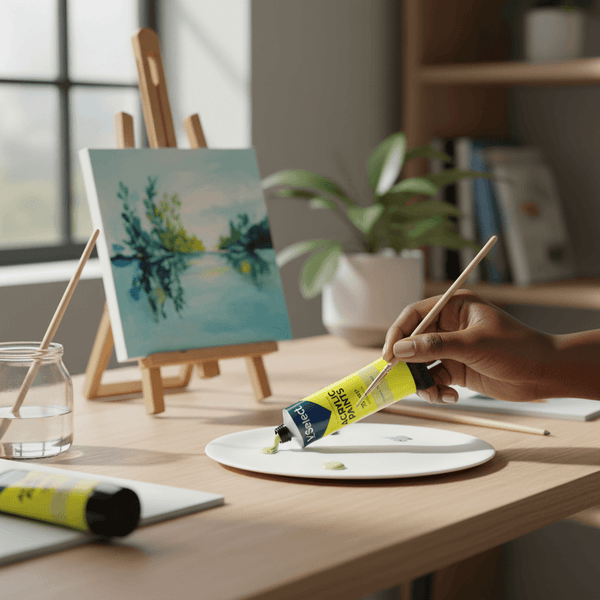 Acrylic Paint 75ml - Lemon Yellow being used on a palette with a painting in the background, showcasing creative art supplies.