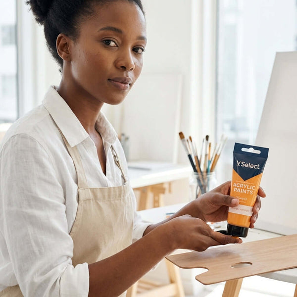 Acrylic Paint 75ml - Orange Yellow in hand, showcasing vibrant color for artwork in a studio setting.