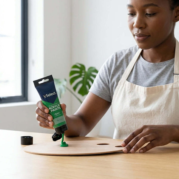 Acrylic Paint 75ml - Sap Green being poured onto a palette by a woman in an apron, perfect for vibrant artwork.